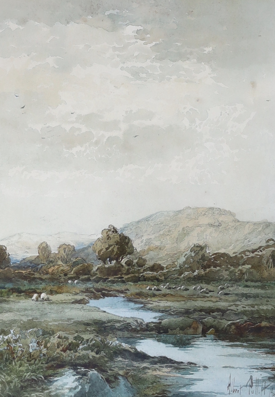 Albert Pollitt (1856-1926), watercolour, Sheep in a landscape, signed and dated 1891, 29 x 21cm